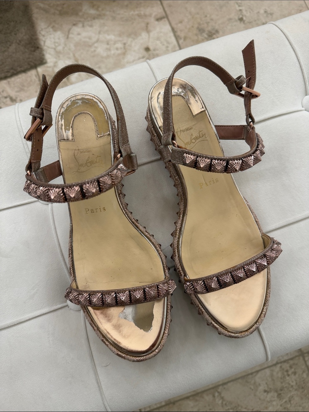 Christian Louboutin Women’s Metallic Rose Gold Platform Sandals - Picture 2 of 4